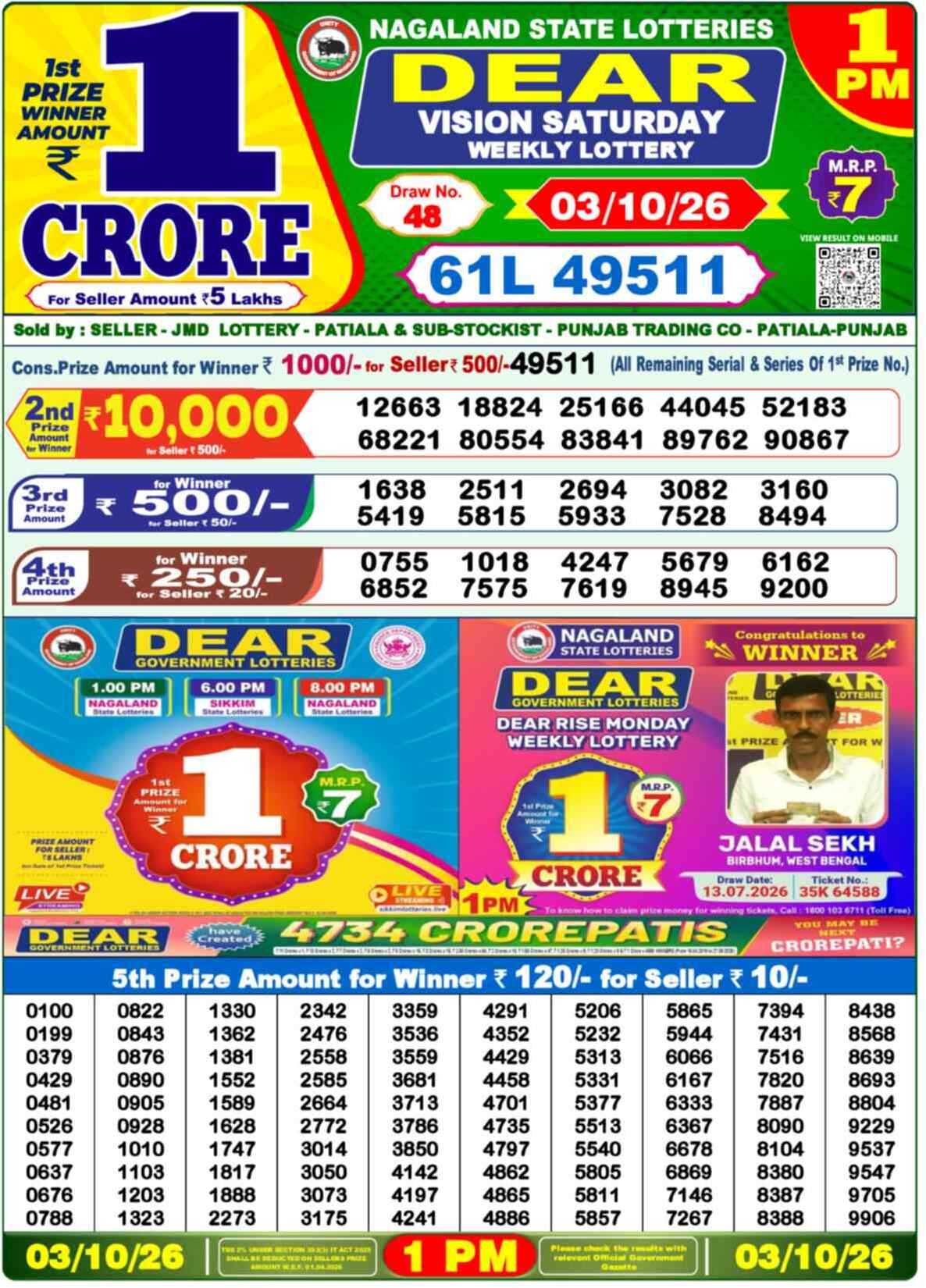 Nagaland state Lottery 03.10.26