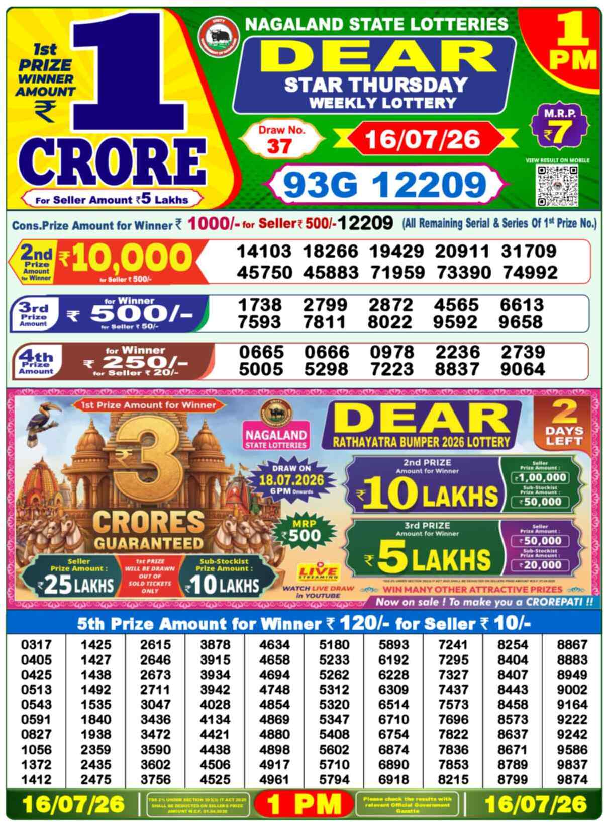 Nagaland state Lottery Results 6:00 PM Today 16 July 2026