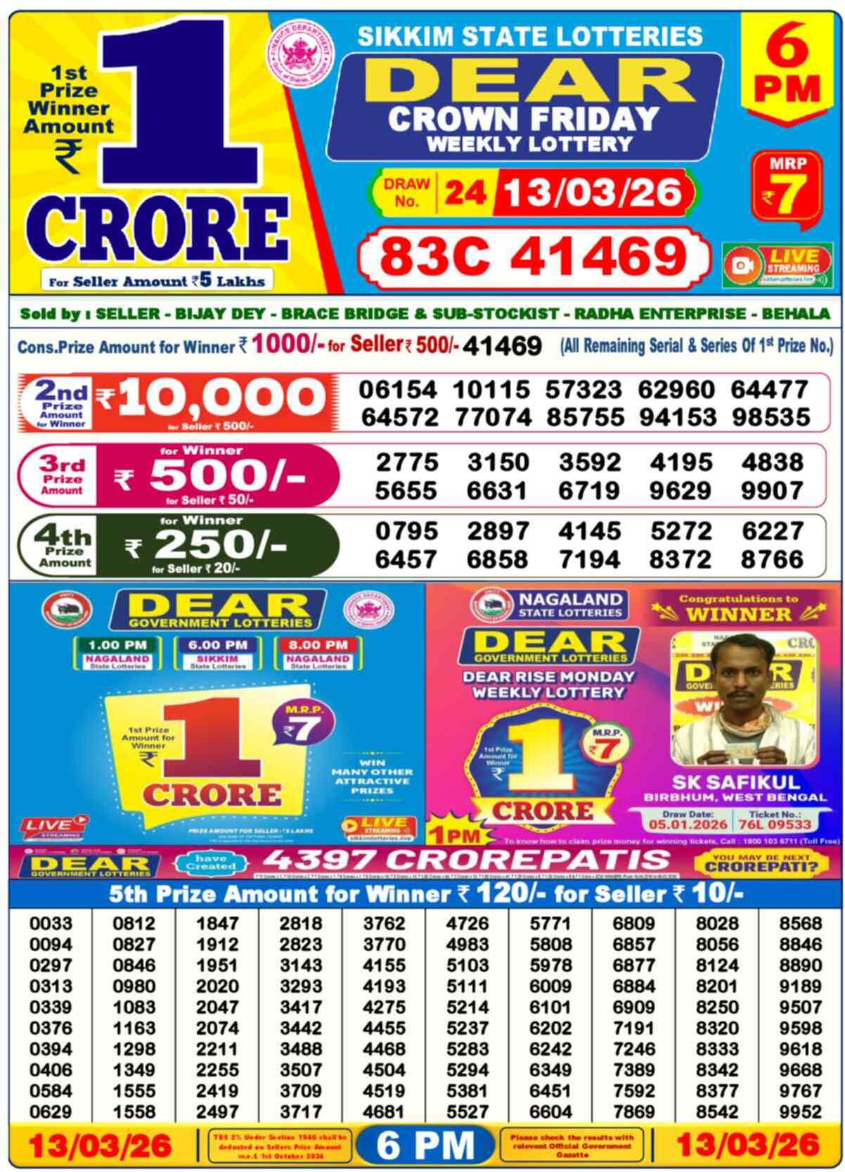 Nagaland state Lottery Results 6:00 PM Today 13 March 2026