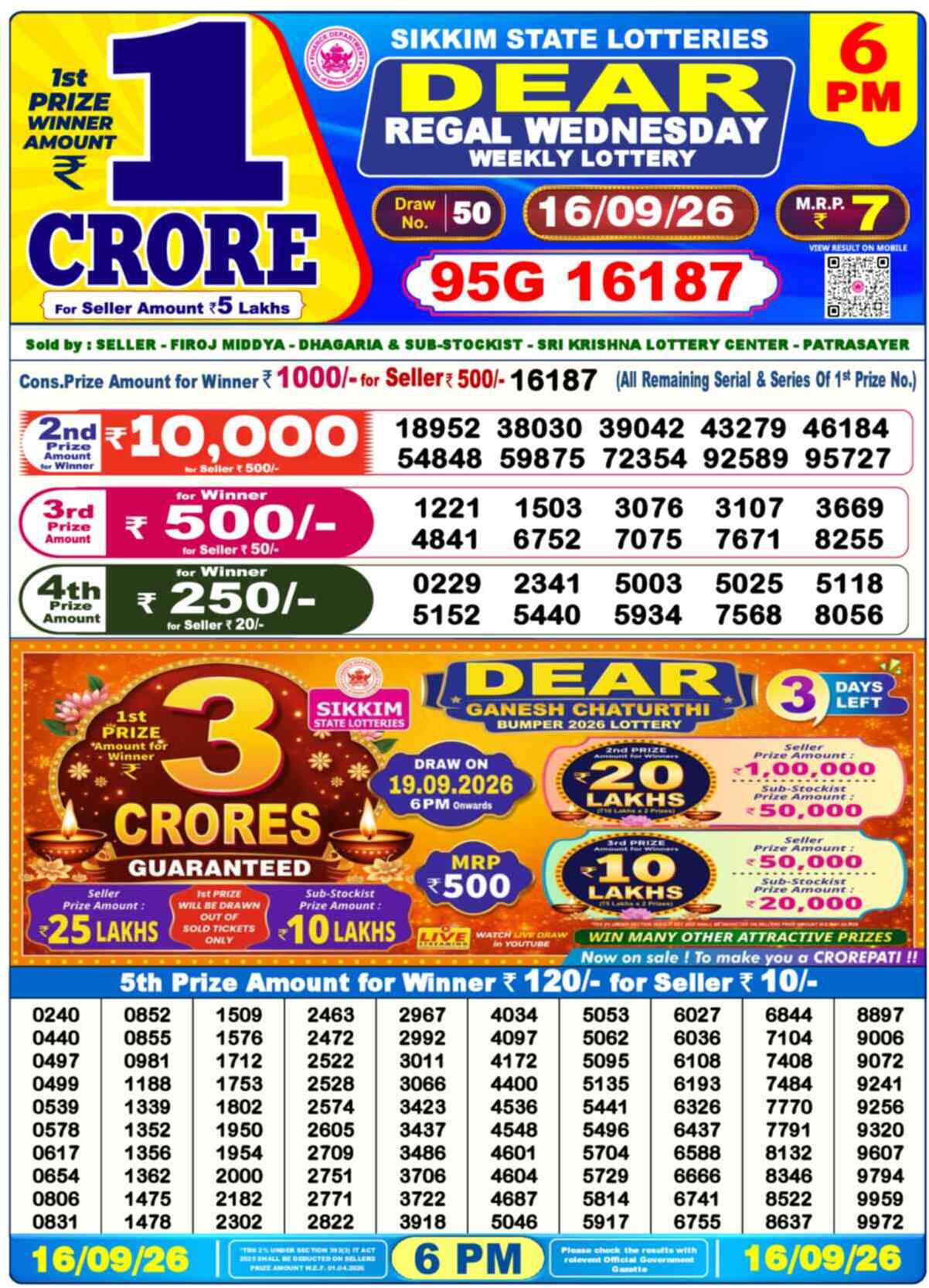 Dear Lottery 16.09.26