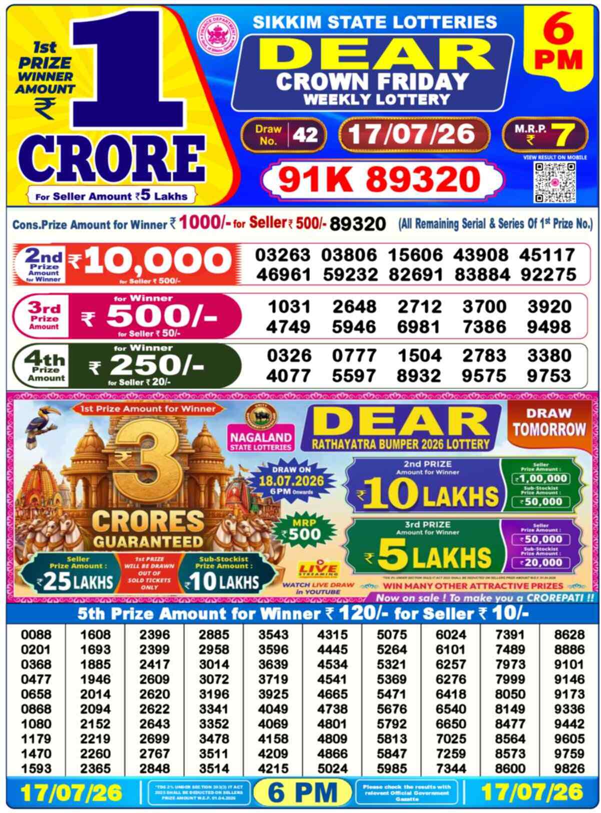 Nagaland state Lottery Results 6:00 PM Today 17 July 2026