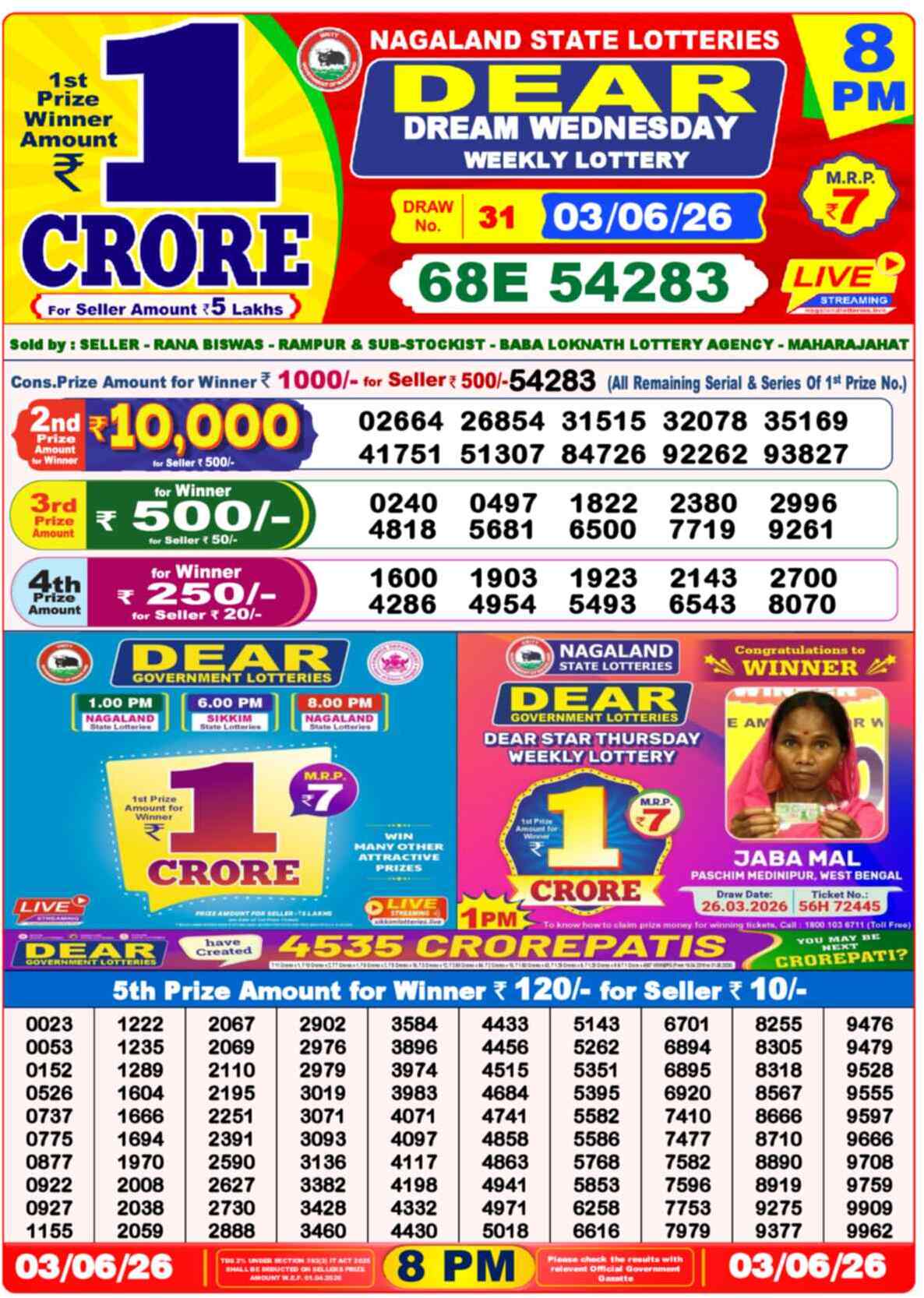 Nagaland state Lottery Results 8:00 PM Today 03 June 2026
